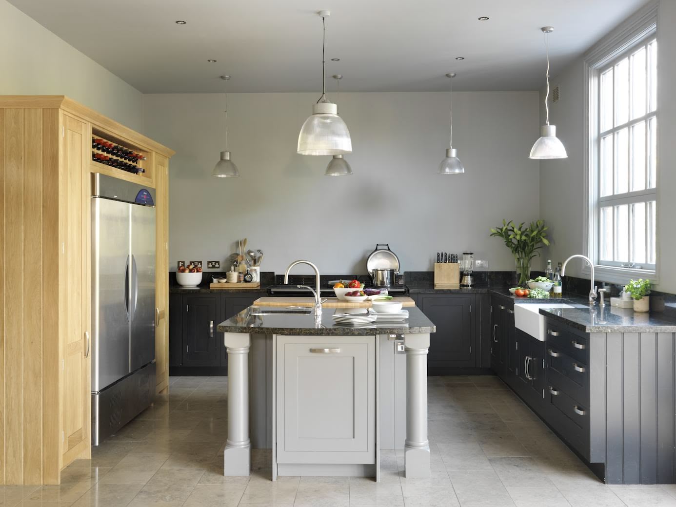 Dark grey toned and oak Shaker kitchen design